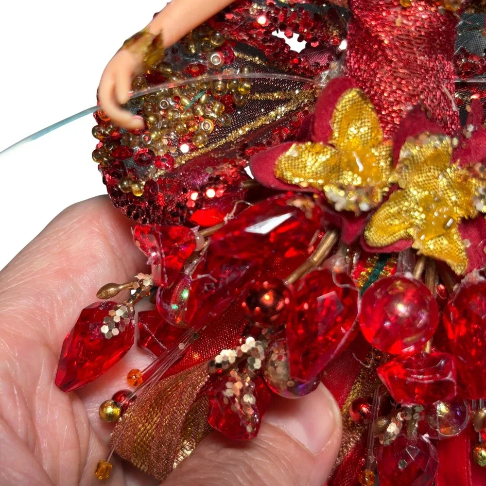 Fairy Pixie Doll Red Gold‎ Beaded Glitter Wings Hanging Christmas Ornament